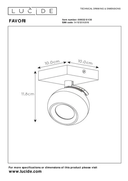 Lucide FAVORI - Spot plafond - 1xGU10 - Noir - TECHNISCH